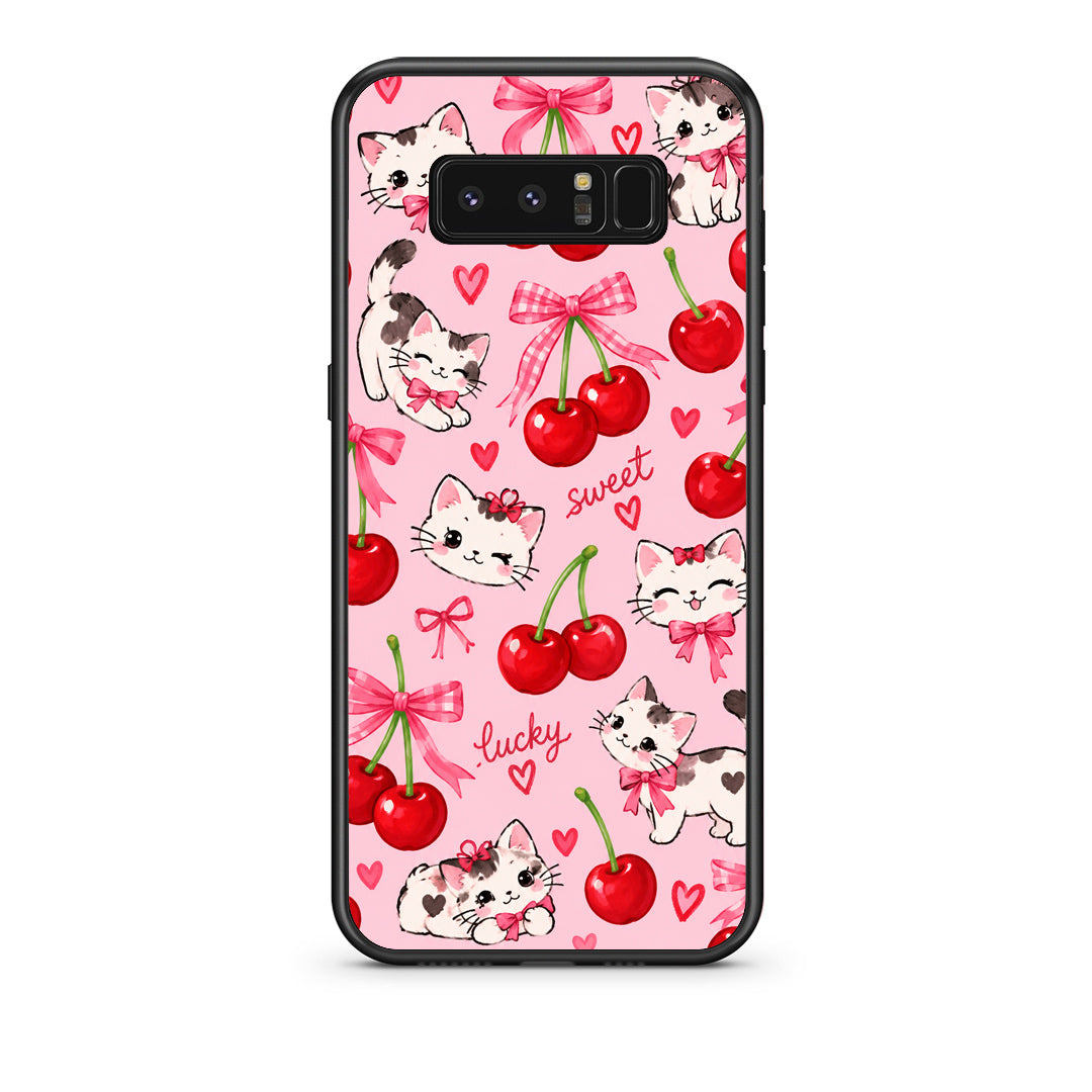 Θήκη Samsung Galaxy Note 8 Cherries Bows and Kittens on Pink από τη Smartfits με σχέδιο στο πίσω μέρος και μαύρο περίβλημα | Samsung Galaxy Note 8 Cherries Bows and Kittens on Pink case with colorful back and black bezels