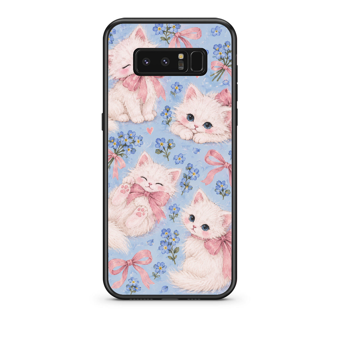 Θήκη Samsung Galaxy Note 8 White Kittens and Blue Flowers Large από τη Smartfits με σχέδιο στο πίσω μέρος και μαύρο περίβλημα | Samsung Galaxy Note 8 White Kittens and Blue Flowers Large case with colorful back and black bezels