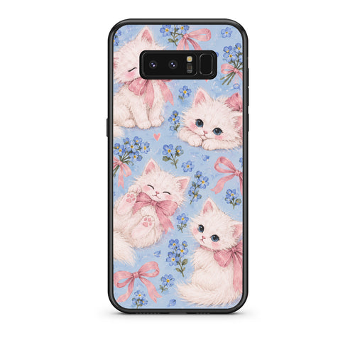Θήκη Samsung Galaxy Note 8 White Kittens and Blue Flowers Large από τη Smartfits με σχέδιο στο πίσω μέρος και μαύρο περίβλημα | Samsung Galaxy Note 8 White Kittens and Blue Flowers Large case with colorful back and black bezels