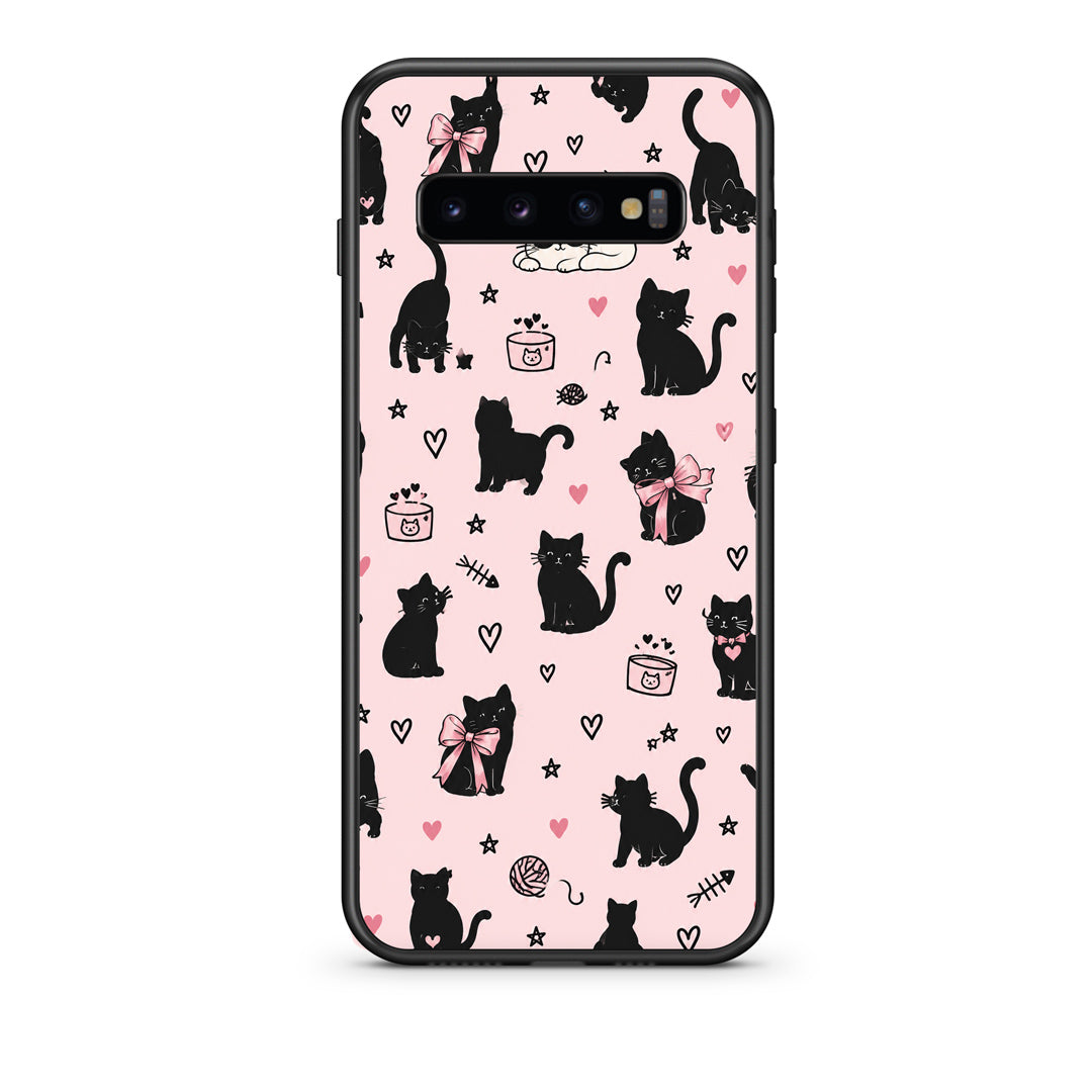 Θήκη Samsung Galaxy S10 Black Cat Doodles on Pink από τη Smartfits με σχέδιο στο πίσω μέρος και μαύρο περίβλημα | Samsung Galaxy S10 Black Cat Doodles on Pink case with colorful back and black bezels