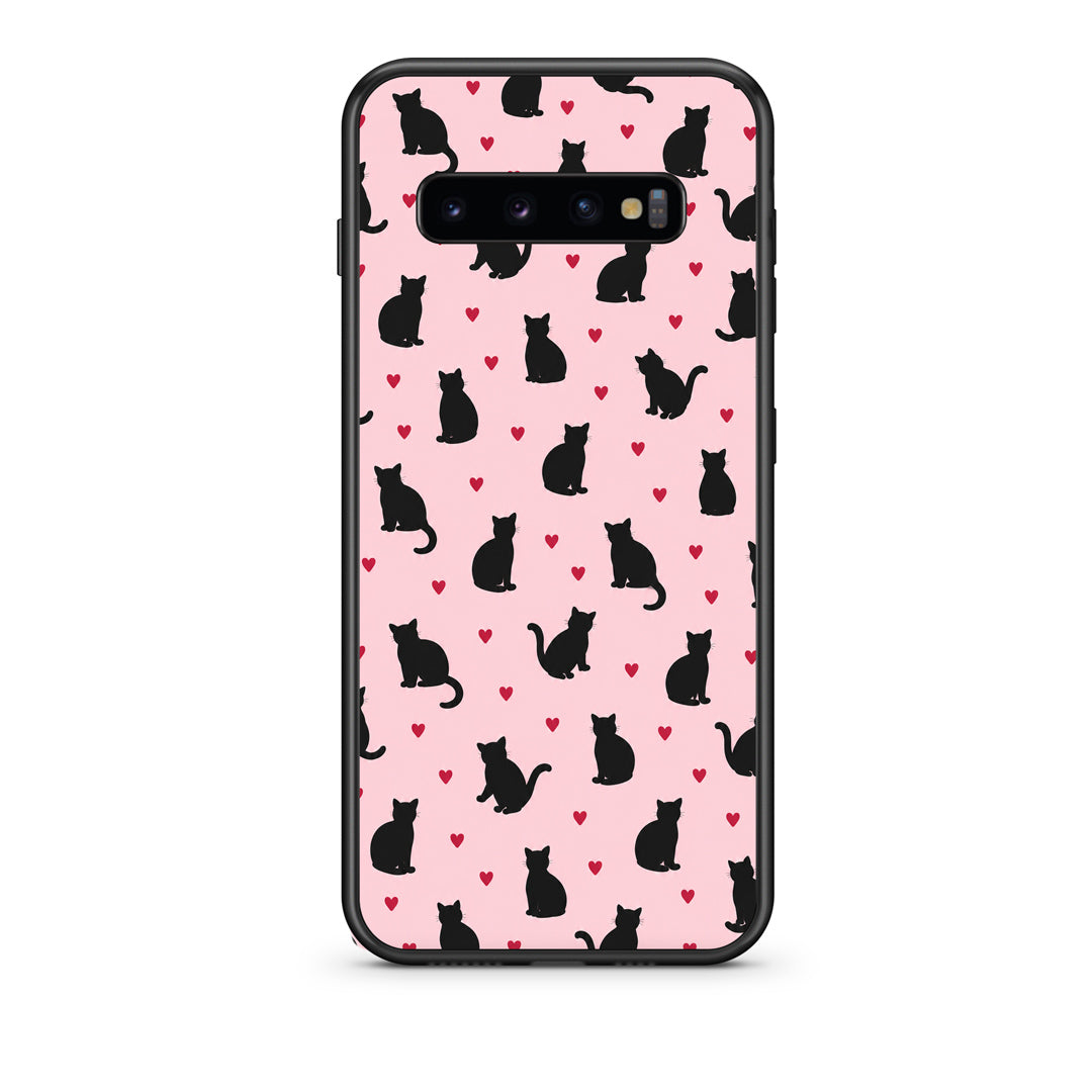 Θήκη Samsung Galaxy S10 Black Cat Silhouettes and Hearts on Pink από τη Smartfits με σχέδιο στο πίσω μέρος και μαύρο περίβλημα | Samsung Galaxy S10 Black Cat Silhouettes and Hearts on Pink case with colorful back and black bezels