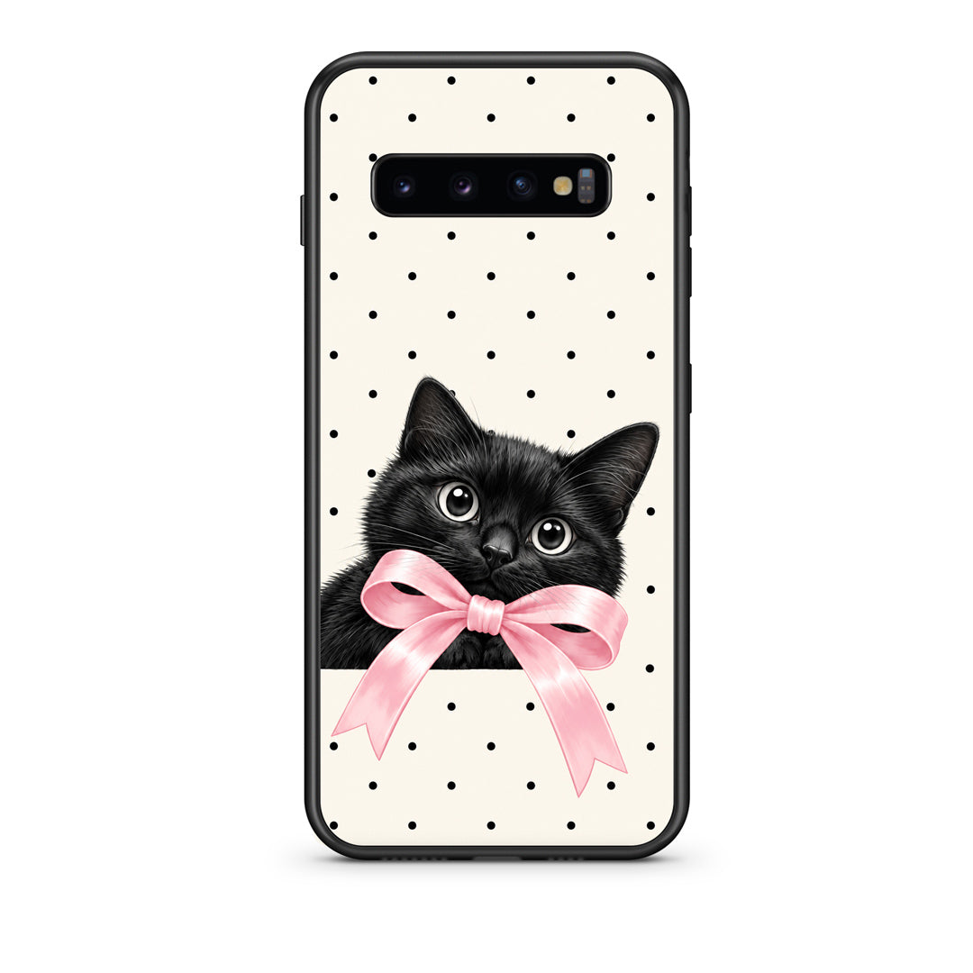 Θήκη Samsung Galaxy S10 Black Kitten Pink Bow and Polka Dots από τη Smartfits με σχέδιο στο πίσω μέρος και μαύρο περίβλημα | Samsung Galaxy S10 Black Kitten Pink Bow and Polka Dots case with colorful back and black bezels