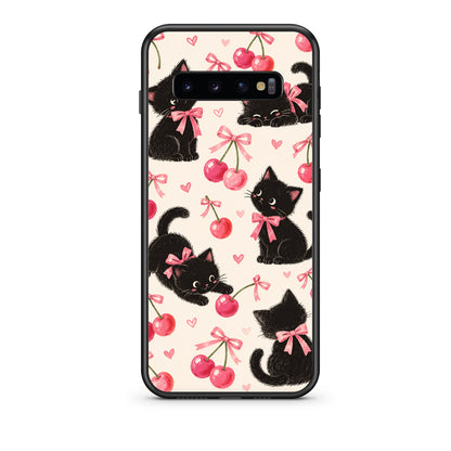Θήκη Samsung Galaxy S10 Black Kittens and Cherries on Cream από τη Smartfits με σχέδιο στο πίσω μέρος και μαύρο περίβλημα | Samsung Galaxy S10 Black Kittens and Cherries on Cream case with colorful back and black bezels