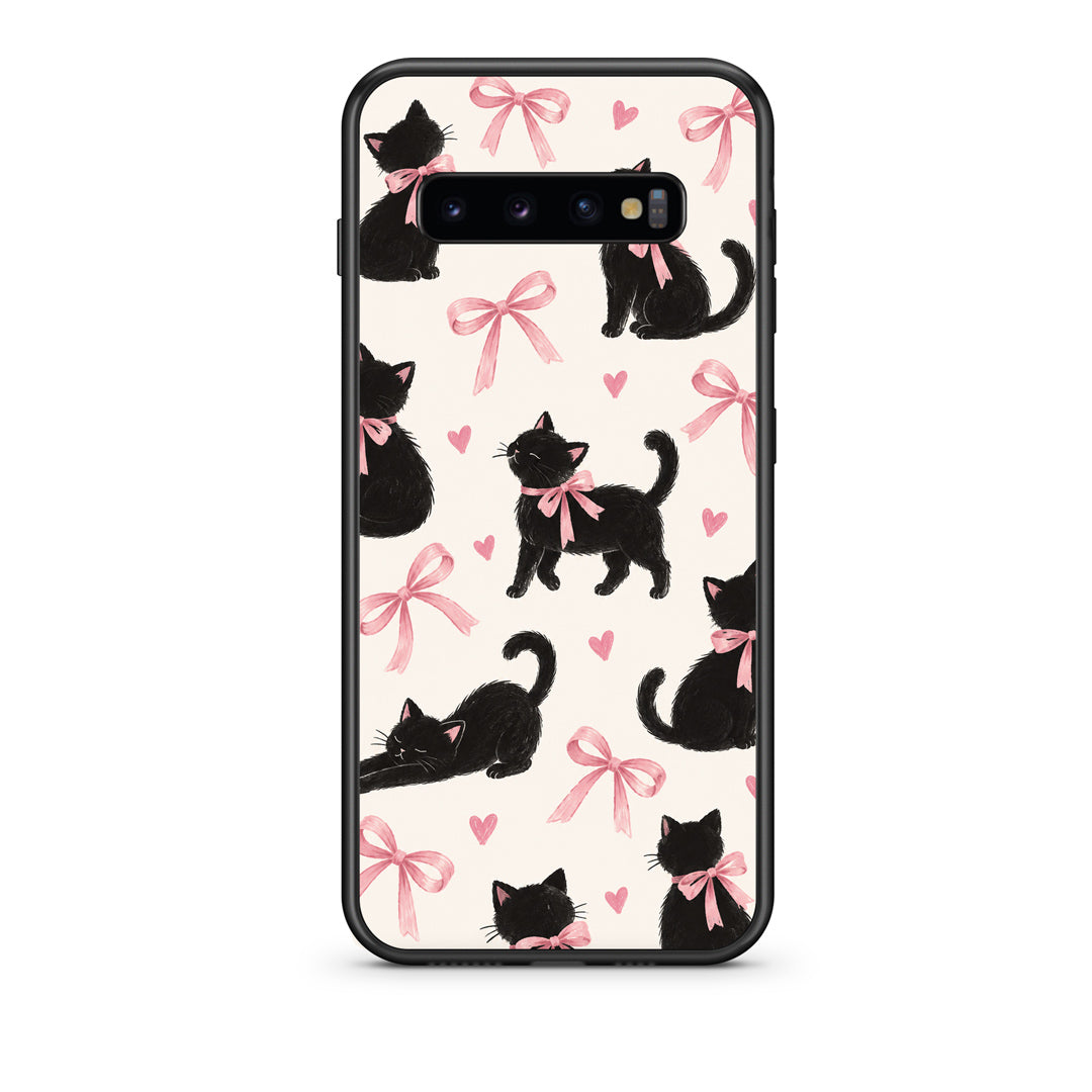 Θήκη Samsung Galaxy S10 Black Kittens and Pink Bows on Cream Large από τη Smartfits με σχέδιο στο πίσω μέρος και μαύρο περίβλημα | Samsung Galaxy S10 Black Kittens and Pink Bows on Cream Large case with colorful back and black bezels
