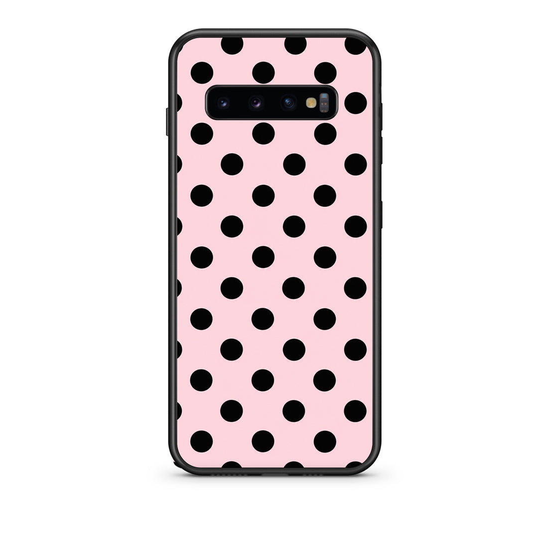Θήκη Samsung Galaxy S10 Black Polka Dots on Pink από τη Smartfits με σχέδιο στο πίσω μέρος και μαύρο περίβλημα | Samsung Galaxy S10 Black Polka Dots on Pink case with colorful back and black bezels