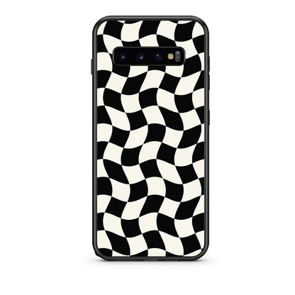 Θήκη Samsung Galaxy S10 Black and Cream Wavy Checkerboard από τη Smartfits με σχέδιο στο πίσω μέρος και μαύρο περίβλημα | Samsung Galaxy S10 Black and Cream Wavy Checkerboard case with colorful back and black bezels