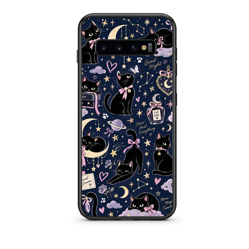 Θήκη Samsung Galaxy S10 Celestial Black Cats on Navy από τη Smartfits με σχέδιο στο πίσω μέρος και μαύρο περίβλημα | Samsung Galaxy S10 Celestial Black Cats on Navy case with colorful back and black bezels