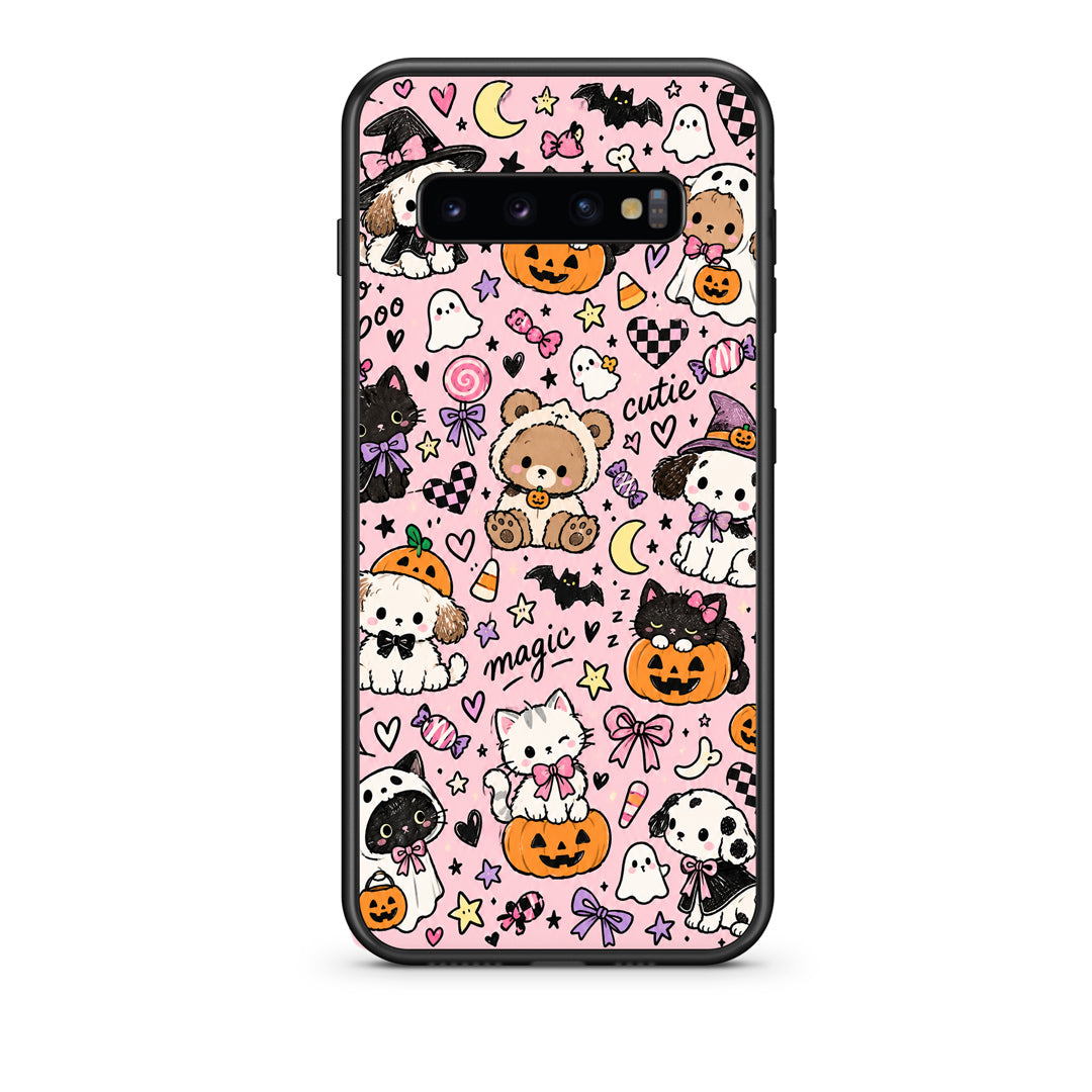 Θήκη Samsung Galaxy S10 Halloween Cute Animals on Pink από τη Smartfits με σχέδιο στο πίσω μέρος και μαύρο περίβλημα | Samsung Galaxy S10 Halloween Cute Animals on Pink case with colorful back and black bezels