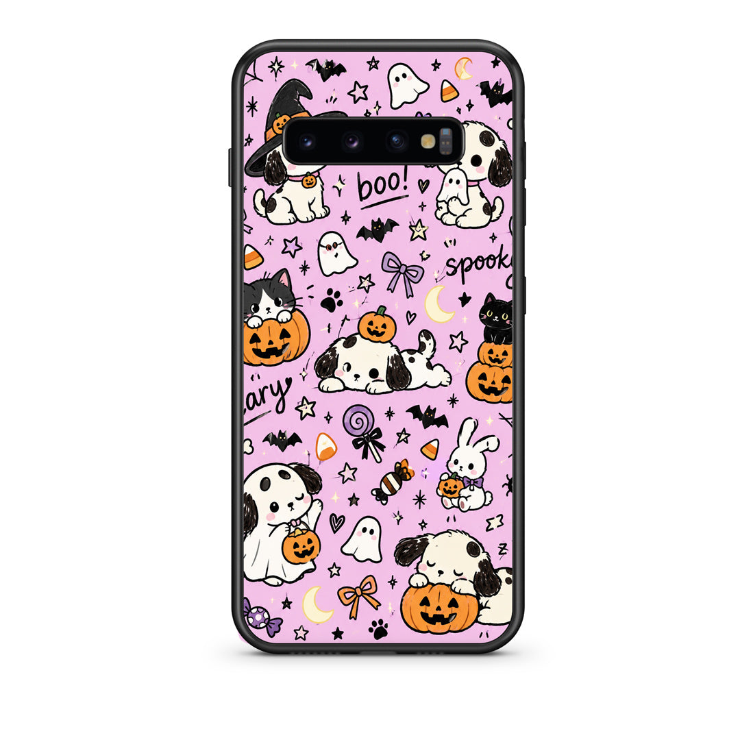 Θήκη Samsung Galaxy S10 Halloween Puppies and Friends on Lilac από τη Smartfits με σχέδιο στο πίσω μέρος και μαύρο περίβλημα | Samsung Galaxy S10 Halloween Puppies and Friends on Lilac case with colorful back and black bezels