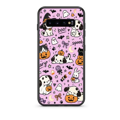 Θήκη Samsung Galaxy S10 Halloween Puppies and Friends on Lilac από τη Smartfits με σχέδιο στο πίσω μέρος και μαύρο περίβλημα | Samsung Galaxy S10 Halloween Puppies and Friends on Lilac case with colorful back and black bezels
