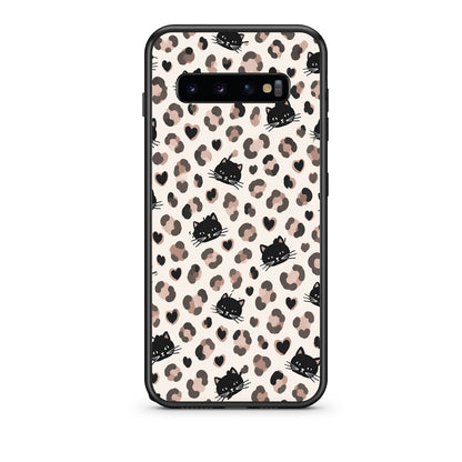 Θήκη Samsung Galaxy S10 Leopard Spots and Black Cats on Cream από τη Smartfits με σχέδιο στο πίσω μέρος και μαύρο περίβλημα | Samsung Galaxy S10 Leopard Spots and Black Cats on Cream case with colorful back and black bezels