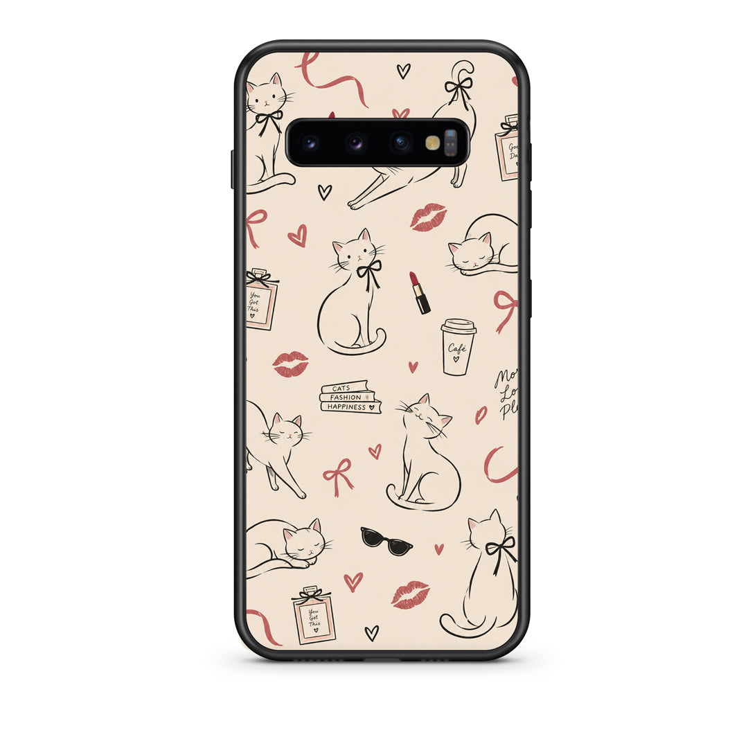 Θήκη Samsung Galaxy S10 Minimal Cat and Fashion Doodles on Cream από τη Smartfits με σχέδιο στο πίσω μέρος και μαύρο περίβλημα | Samsung Galaxy S10 Minimal Cat and Fashion Doodles on Cream case with colorful back and black bezels