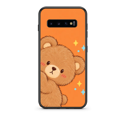 Θήκη Samsung Galaxy S10 Peekaboo Teddy on Orange από τη Smartfits με σχέδιο στο πίσω μέρος και μαύρο περίβλημα | Samsung Galaxy S10 Peekaboo Teddy on Orange case with colorful back and black bezels