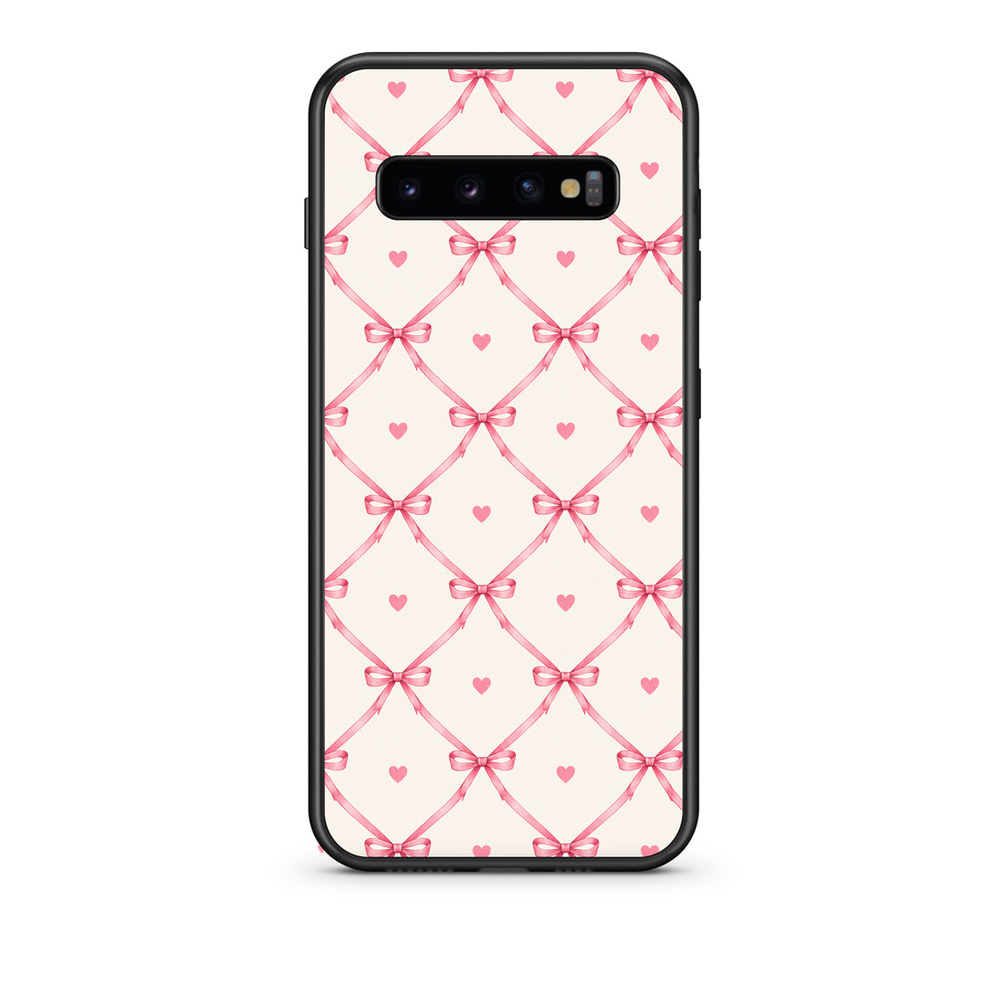 Θήκη Samsung Galaxy S10 Pink Bow Lattice and Hearts on Cream από τη Smartfits με σχέδιο στο πίσω μέρος και μαύρο περίβλημα | Samsung Galaxy S10 Pink Bow Lattice and Hearts on Cream case with colorful back and black bezels
