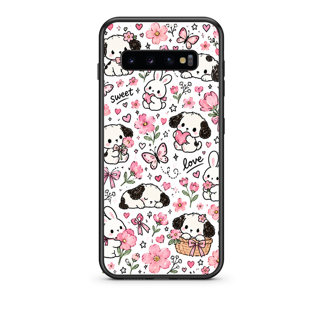 Θήκη Samsung Galaxy S10 Pink Florals Puppies and Bunnies on White από τη Smartfits με σχέδιο στο πίσω μέρος και μαύρο περίβλημα | Samsung Galaxy S10 Pink Florals Puppies and Bunnies on White case with colorful back and black bezels