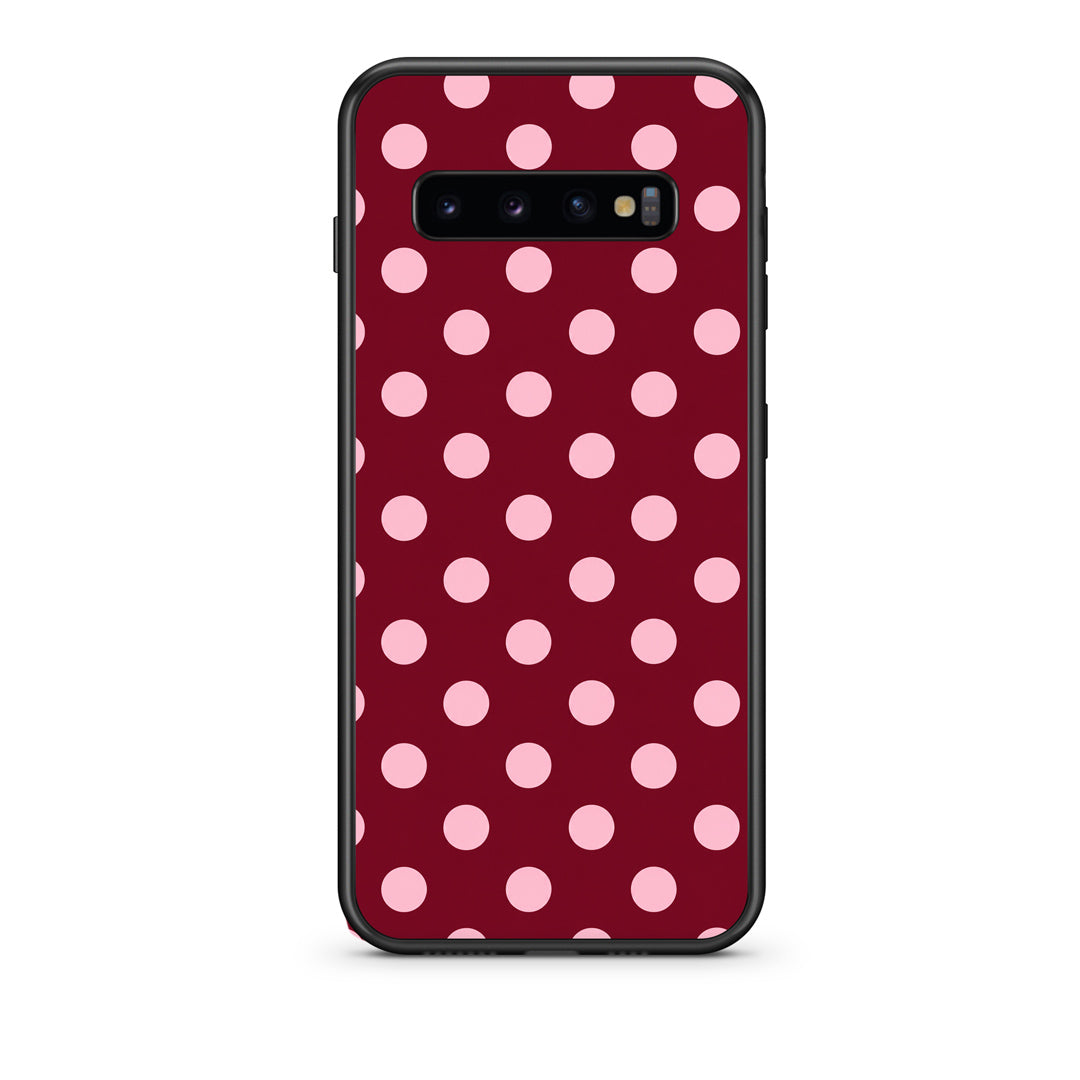 Θήκη Samsung Galaxy S10 Pink Polka Dots on Burgundy από τη Smartfits με σχέδιο στο πίσω μέρος και μαύρο περίβλημα | Samsung Galaxy S10 Pink Polka Dots on Burgundy case with colorful back and black bezels