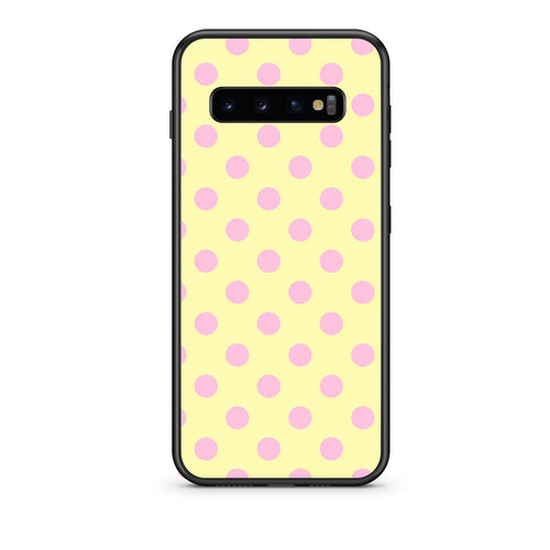 Θήκη Samsung Galaxy S10 Pink Polka Dots on Yellow από τη Smartfits με σχέδιο στο πίσω μέρος και μαύρο περίβλημα | Samsung Galaxy S10 Pink Polka Dots on Yellow case with colorful back and black bezels