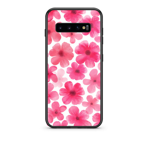 Θήκη Samsung Galaxy S10 Pink Watercolour Flowers on White από τη Smartfits με σχέδιο στο πίσω μέρος και μαύρο περίβλημα | Samsung Galaxy S10 Pink Watercolour Flowers on White case with colorful back and black bezels