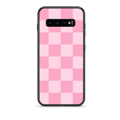 Θήκη Samsung Galaxy S10 Pink and White Striped Checks από τη Smartfits με σχέδιο στο πίσω μέρος και μαύρο περίβλημα | Samsung Galaxy S10 Pink and White Striped Checks case with colorful back and black bezels