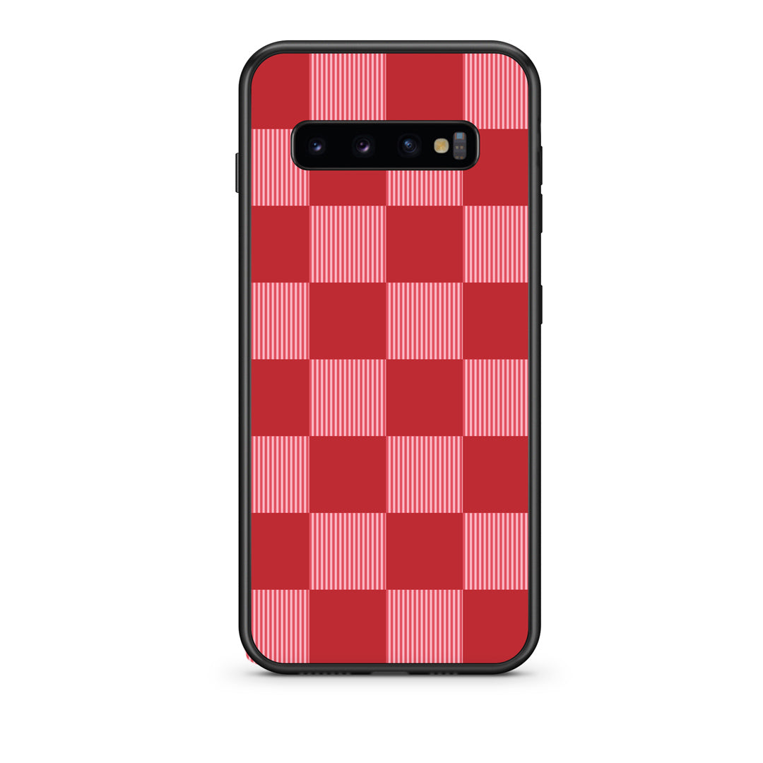Θήκη Samsung Galaxy S10 Red and Pink Striped Checks από τη Smartfits με σχέδιο στο πίσω μέρος και μαύρο περίβλημα | Samsung Galaxy S10 Red and Pink Striped Checks case with colorful back and black bezels