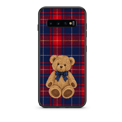 Θήκη Samsung Galaxy S10+ Teddy Bear on Red and Navy Tartan από τη Smartfits με σχέδιο στο πίσω μέρος και μαύρο περίβλημα | Samsung Galaxy S10+ Teddy Bear on Red and Navy Tartan case with colorful back and black bezels