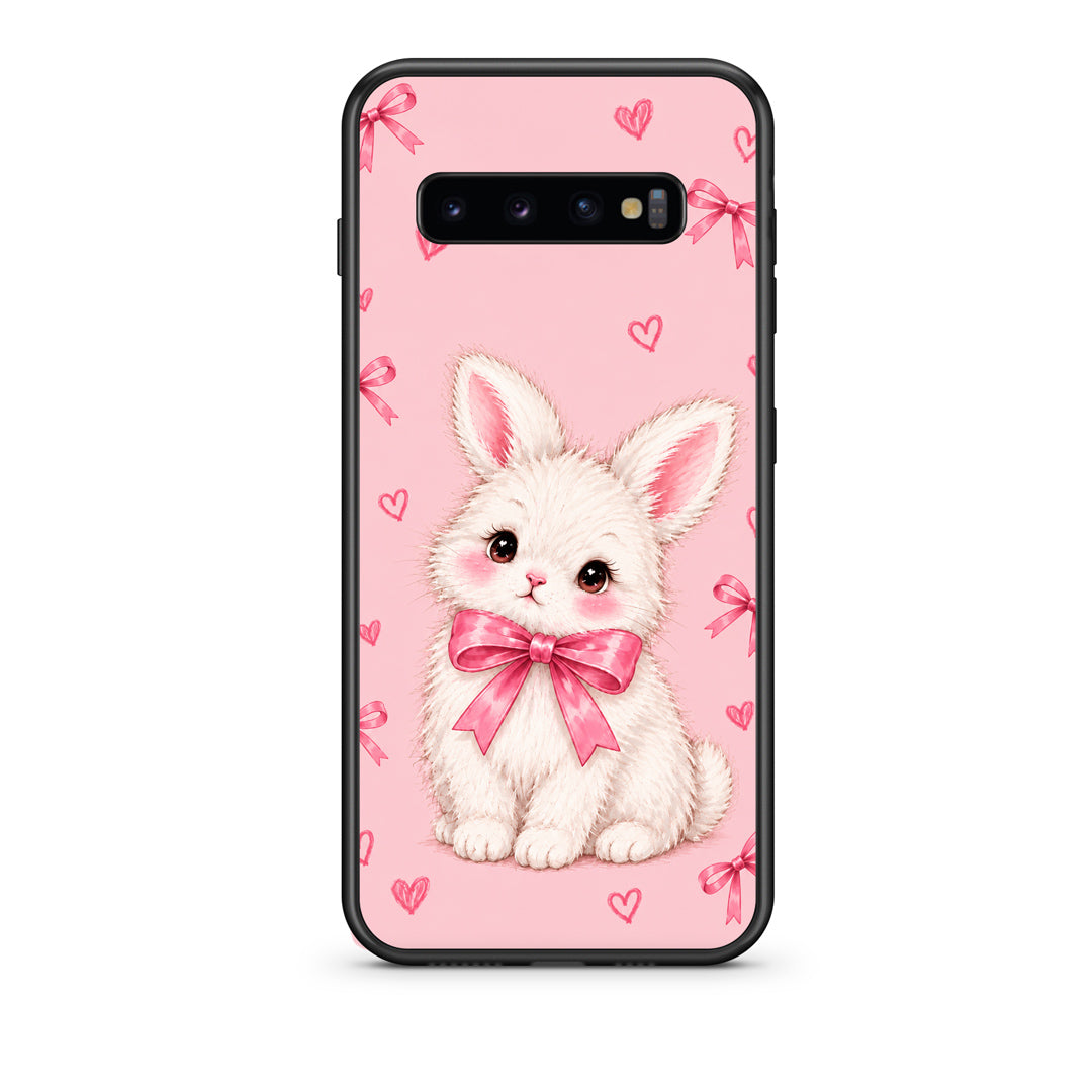 Θήκη Samsung Galaxy S10+ White Bunny and Pink Bows από τη Smartfits με σχέδιο στο πίσω μέρος και μαύρο περίβλημα | Samsung Galaxy S10+ White Bunny and Pink Bows case with colorful back and black bezels