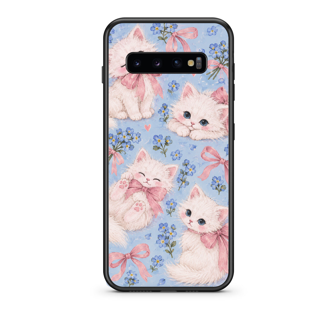 Θήκη Samsung Galaxy S10+ White Kittens and Blue Flowers Large από τη Smartfits με σχέδιο στο πίσω μέρος και μαύρο περίβλημα | Samsung Galaxy S10+ White Kittens and Blue Flowers Large case with colorful back and black bezels