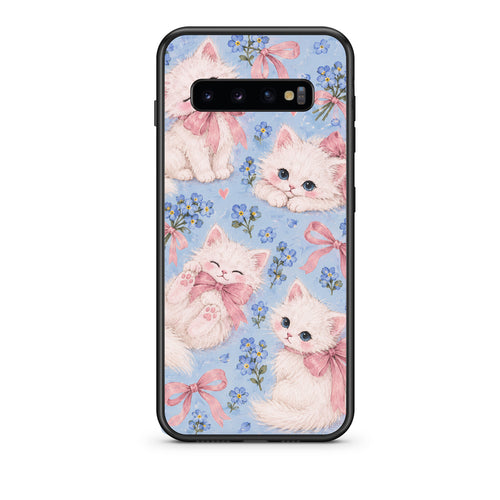 Θήκη Samsung Galaxy S10+ White Kittens and Blue Flowers Large από τη Smartfits με σχέδιο στο πίσω μέρος και μαύρο περίβλημα | Samsung Galaxy S10+ White Kittens and Blue Flowers Large case with colorful back and black bezels