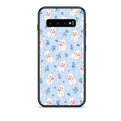 Θήκη Samsung Galaxy S10+ White Kittens and Blue Flowers Small από τη Smartfits με σχέδιο στο πίσω μέρος και μαύρο περίβλημα | Samsung Galaxy S10+ White Kittens and Blue Flowers Small case with colorful back and black bezels