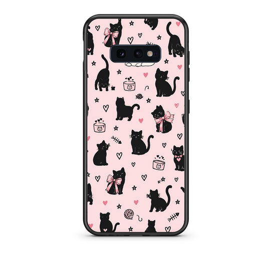 Θήκη Samsung Galaxy S10e Black Cat Doodles on Pink από τη Smartfits με σχέδιο στο πίσω μέρος και μαύρο περίβλημα | Samsung Galaxy S10e Black Cat Doodles on Pink case with colorful back and black bezels