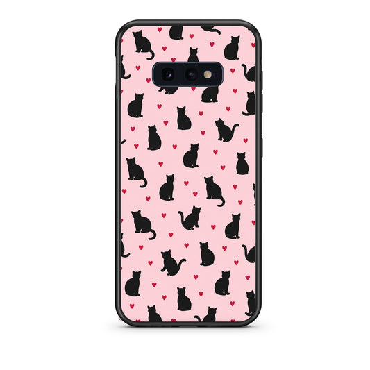 Θήκη Samsung Galaxy S10e Black Cat Silhouettes and Hearts on Pink από τη Smartfits με σχέδιο στο πίσω μέρος και μαύρο περίβλημα | Samsung Galaxy S10e Black Cat Silhouettes and Hearts on Pink case with colorful back and black bezels