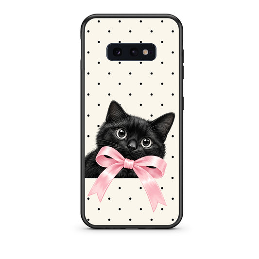Θήκη Samsung Galaxy S10e Black Kitten Pink Bow and Polka Dots από τη Smartfits με σχέδιο στο πίσω μέρος και μαύρο περίβλημα | Samsung Galaxy S10e Black Kitten Pink Bow and Polka Dots case with colorful back and black bezels