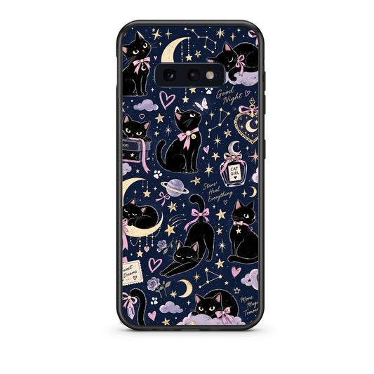 Θήκη Samsung Galaxy S10e Celestial Black Cats on Navy από τη Smartfits με σχέδιο στο πίσω μέρος και μαύρο περίβλημα | Samsung Galaxy S10e Celestial Black Cats on Navy case with colorful back and black bezels