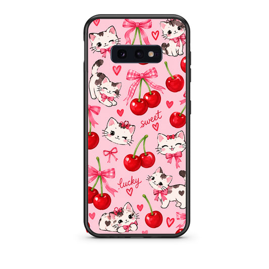 Θήκη Samsung Galaxy S10e Cherries Bows and Kittens on Pink από τη Smartfits με σχέδιο στο πίσω μέρος και μαύρο περίβλημα | Samsung Galaxy S10e Cherries Bows and Kittens on Pink case with colorful back and black bezels