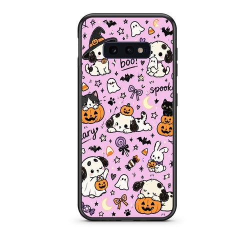 Θήκη Samsung Galaxy S10e Halloween Puppies and Friends on Lilac από τη Smartfits με σχέδιο στο πίσω μέρος και μαύρο περίβλημα | Samsung Galaxy S10e Halloween Puppies and Friends on Lilac case with colorful back and black bezels