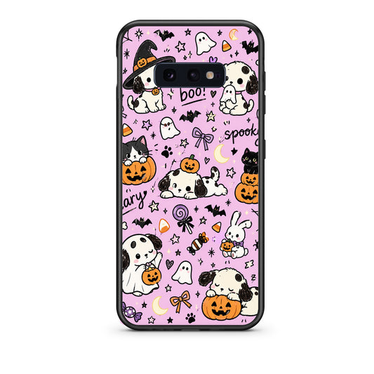 Θήκη Samsung Galaxy S10e Halloween Puppies and Friends on Lilac από τη Smartfits με σχέδιο στο πίσω μέρος και μαύρο περίβλημα | Samsung Galaxy S10e Halloween Puppies and Friends on Lilac case with colorful back and black bezels