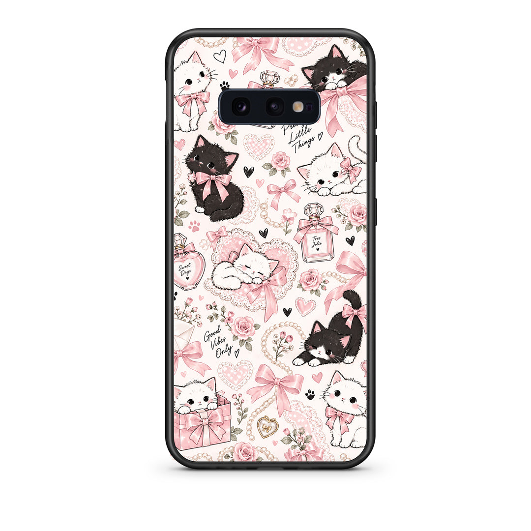 Θήκη Samsung Galaxy S10e Pink Bows and Kittens Collage από τη Smartfits με σχέδιο στο πίσω μέρος και μαύρο περίβλημα | Samsung Galaxy S10e Pink Bows and Kittens Collage case with colorful back and black bezels