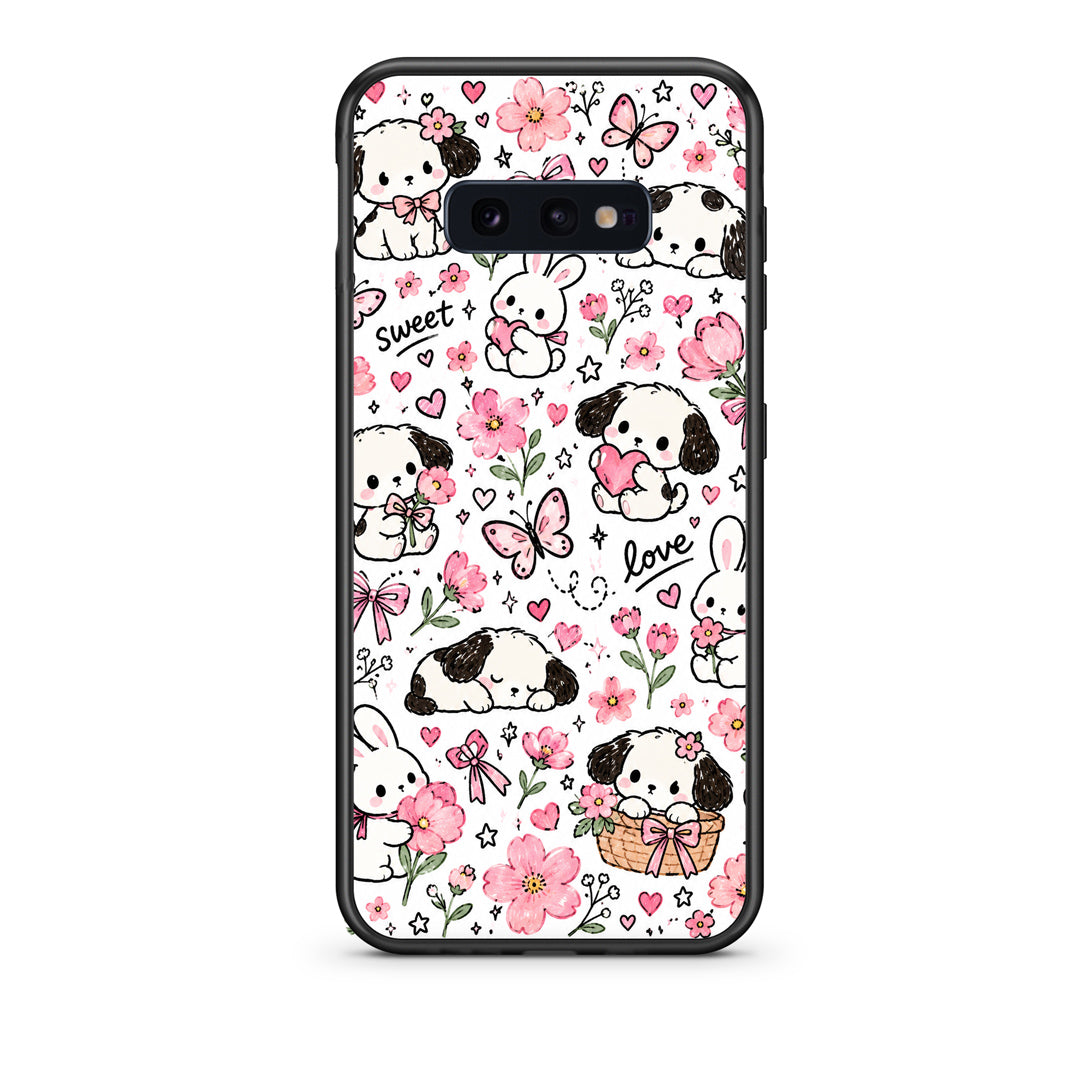 Θήκη Samsung Galaxy S10e Pink Florals Puppies and Bunnies on White από τη Smartfits με σχέδιο στο πίσω μέρος και μαύρο περίβλημα | Samsung Galaxy S10e Pink Florals Puppies and Bunnies on White case with colorful back and black bezels