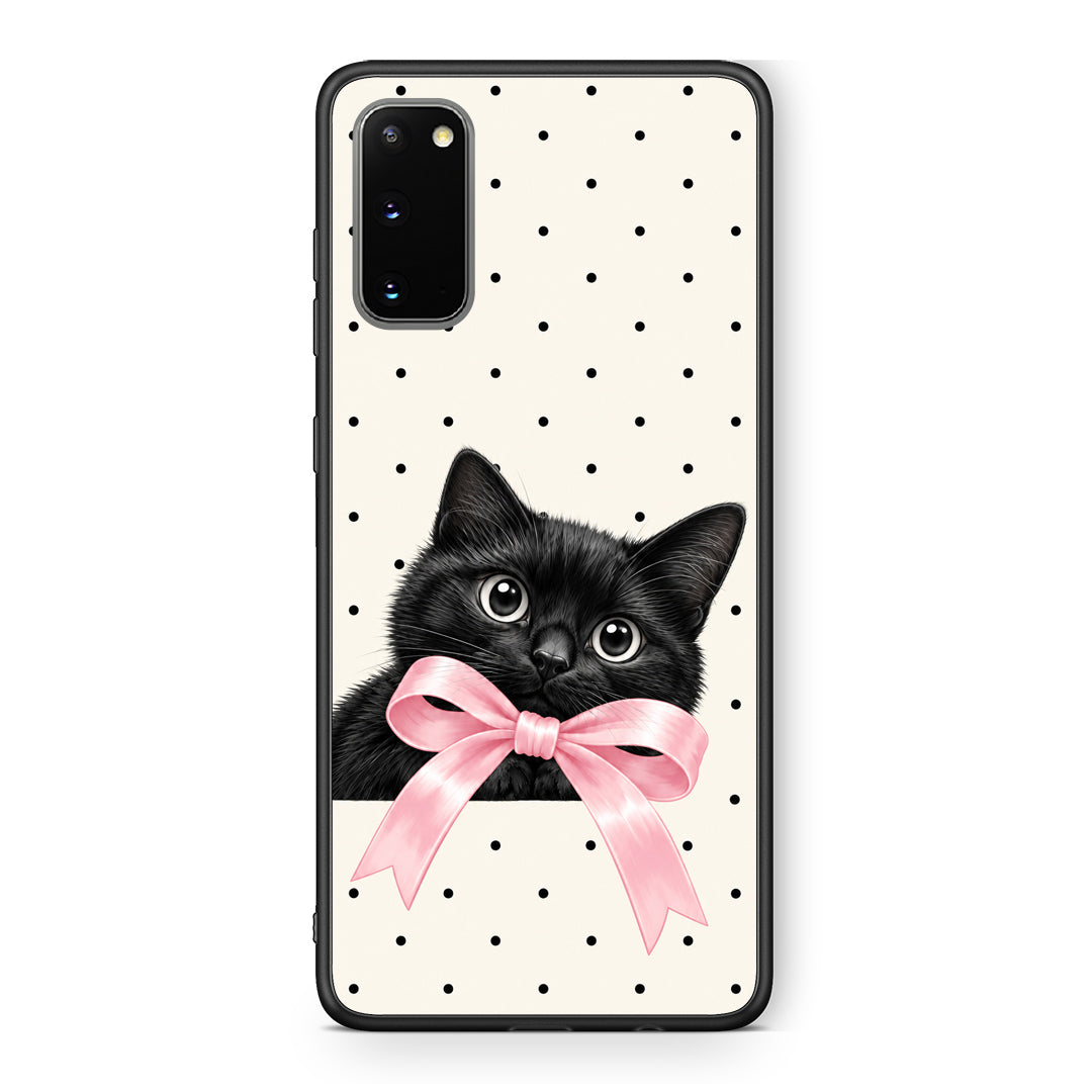 Θήκη Samsung Galaxy S20 Black Kitten Pink Bow and Polka Dots από τη Smartfits με σχέδιο στο πίσω μέρος και μαύρο περίβλημα | Samsung Galaxy S20 Black Kitten Pink Bow and Polka Dots case with colorful back and black bezels