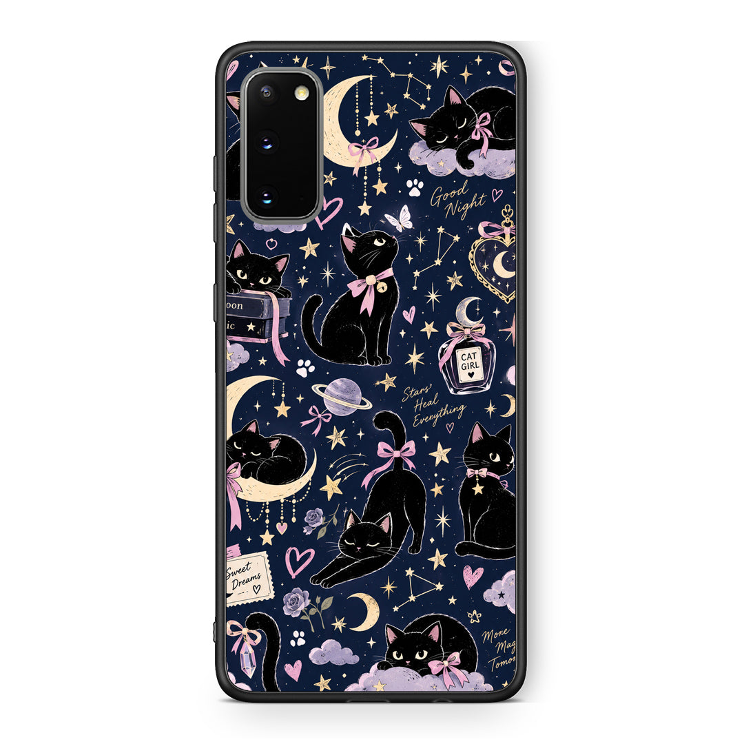 Θήκη Samsung Galaxy S20 Celestial Black Cats on Navy από τη Smartfits με σχέδιο στο πίσω μέρος και μαύρο περίβλημα | Samsung Galaxy S20 Celestial Black Cats on Navy case with colorful back and black bezels