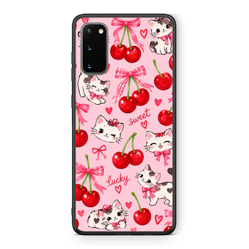 Θήκη Samsung Galaxy S20 Cherries Bows and Kittens on Pink από τη Smartfits με σχέδιο στο πίσω μέρος και μαύρο περίβλημα | Samsung Galaxy S20 Cherries Bows and Kittens on Pink case with colorful back and black bezels