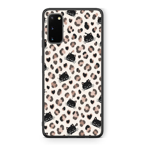 Θήκη Samsung Galaxy S20 Leopard Spots and Black Cats on Cream από τη Smartfits με σχέδιο στο πίσω μέρος και μαύρο περίβλημα | Samsung Galaxy S20 Leopard Spots and Black Cats on Cream case with colorful back and black bezels