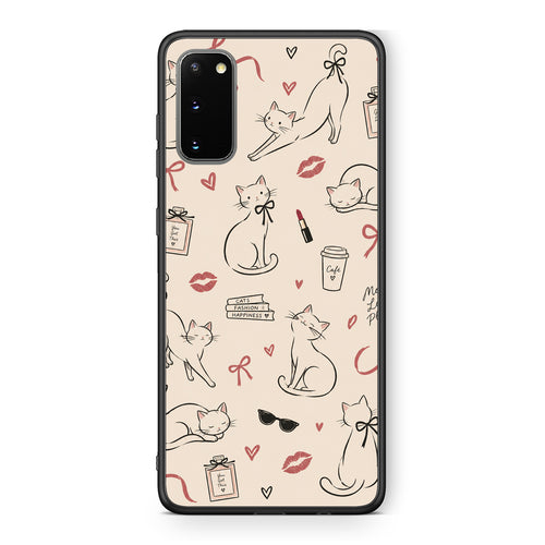 Θήκη Samsung Galaxy S20 Minimal Cat and Fashion Doodles on Cream από τη Smartfits με σχέδιο στο πίσω μέρος και μαύρο περίβλημα | Samsung Galaxy S20 Minimal Cat and Fashion Doodles on Cream case with colorful back and black bezels