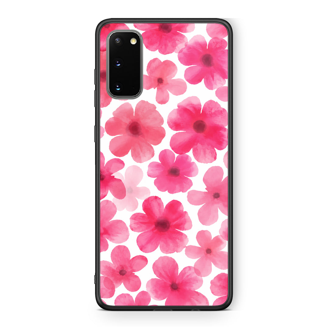 Θήκη Samsung Galaxy S20 Pink Watercolour Flowers on White από τη Smartfits με σχέδιο στο πίσω μέρος και μαύρο περίβλημα | Samsung Galaxy S20 Pink Watercolour Flowers on White case with colorful back and black bezels