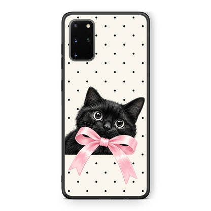 Θήκη Samsung Galaxy S20+ Black Kitten Pink Bow and Polka Dots από τη Smartfits με σχέδιο στο πίσω μέρος και μαύρο περίβλημα | Samsung Galaxy S20+ Black Kitten Pink Bow and Polka Dots case with colorful back and black bezels