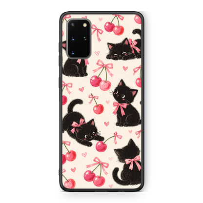 Θήκη Samsung Galaxy S20+ Black Kittens and Cherries on Cream από τη Smartfits με σχέδιο στο πίσω μέρος και μαύρο περίβλημα | Samsung Galaxy S20+ Black Kittens and Cherries on Cream case with colorful back and black bezels