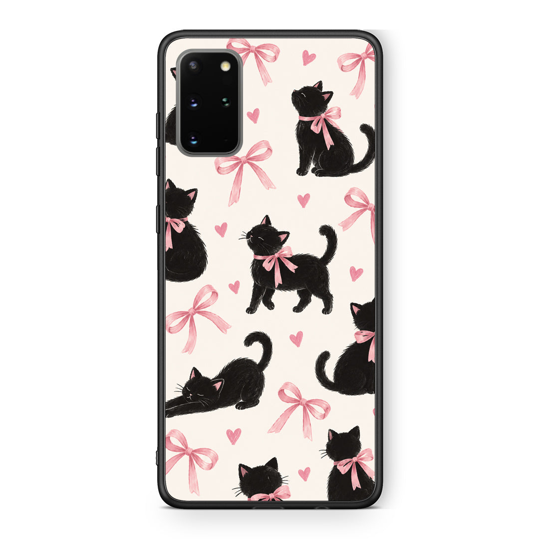 Θήκη Samsung Galaxy S20+ Black Kittens and Pink Bows on Cream Large από τη Smartfits με σχέδιο στο πίσω μέρος και μαύρο περίβλημα | Samsung Galaxy S20+ Black Kittens and Pink Bows on Cream Large case with colorful back and black bezels