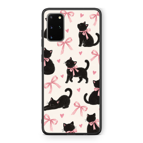 Θήκη Samsung Galaxy S20+ Black Kittens and Pink Bows on Cream Large από τη Smartfits με σχέδιο στο πίσω μέρος και μαύρο περίβλημα | Samsung Galaxy S20+ Black Kittens and Pink Bows on Cream Large case with colorful back and black bezels
