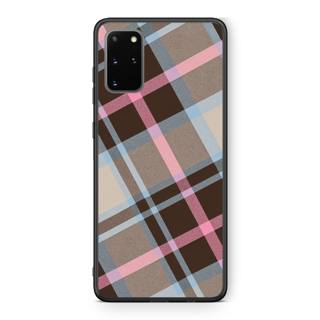 Θήκη Samsung Galaxy S20+ Brown Pink and Blue Diagonal Plaid από τη Smartfits με σχέδιο στο πίσω μέρος και μαύρο περίβλημα | Samsung Galaxy S20+ Brown Pink and Blue Diagonal Plaid case with colorful back and black bezels