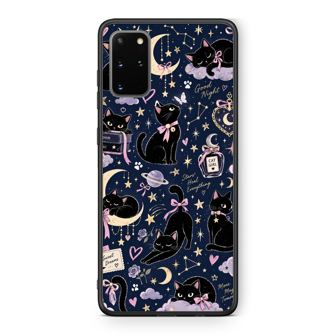 Θήκη Samsung Galaxy S20+ Celestial Black Cats on Navy από τη Smartfits με σχέδιο στο πίσω μέρος και μαύρο περίβλημα | Samsung Galaxy S20+ Celestial Black Cats on Navy case with colorful back and black bezels